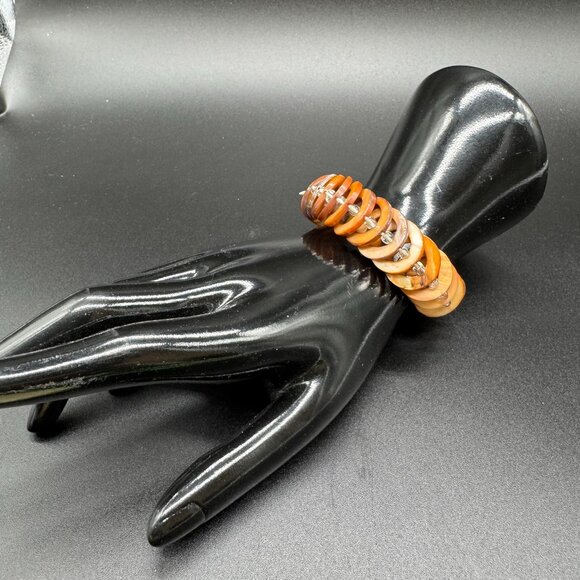 Vintage Stretchy Bracelet Dyed Abalone Shells Rings Rust Autumn Colours - Picture 4 of 4